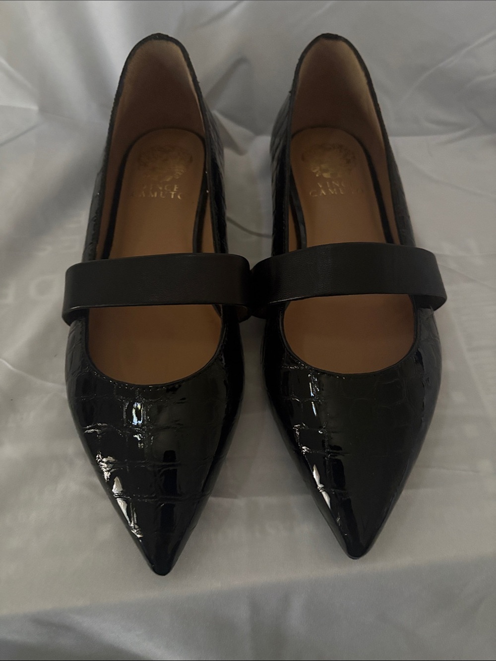 Vince Camuto Black Patent Croc-Embossed Pointed Mary Jane Flats